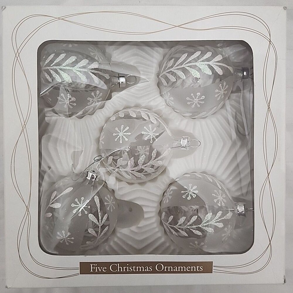 Vintage 5 Christmas Ornaments BRADFORD Clear Glass W/ White Glitter Decoration